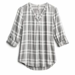 Brina & Em Gray & White Plaid Roll Tab Sleeve Flannel Shirt Size Small